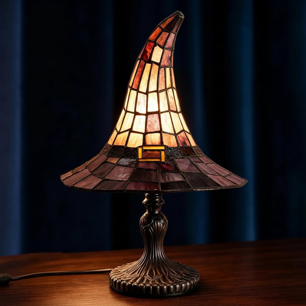 Halloween Stained Glass Witch Hat Table Lamp with Mid Century Modern Bedside Design - Image 4