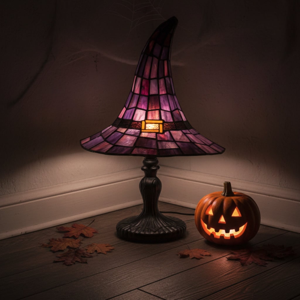 Halloween Stained Glass Witch Hat Table Lamp with Mid Century Modern Bedside Design - Image 7