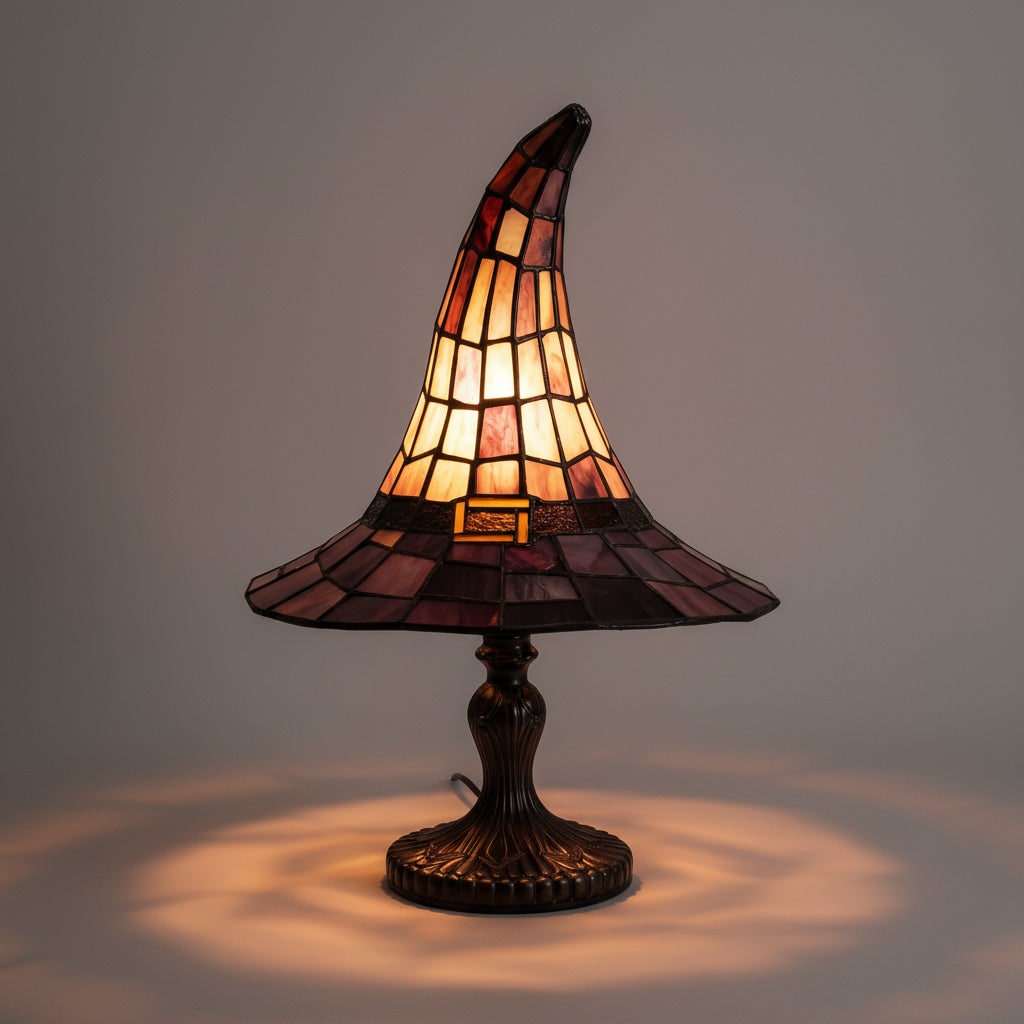 Halloween Stained Glass Witch Hat Table Lamp with Tiffany Style Bronze Pedestal and Leaded Panels - Image 1