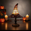 Halloween Stained Glass Witch Hat Table Lamp with Tiffany Style Bronze Pedestal and Leaded Panels - Image 2