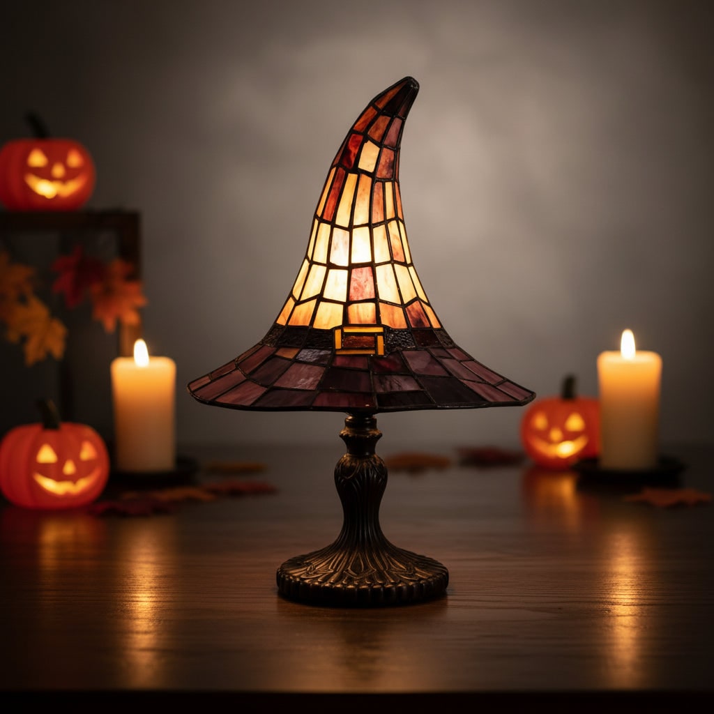 Halloween Stained Glass Witch Hat Table Lamp with Tiffany Style Bronze Pedestal and Leaded Panels - Image 2