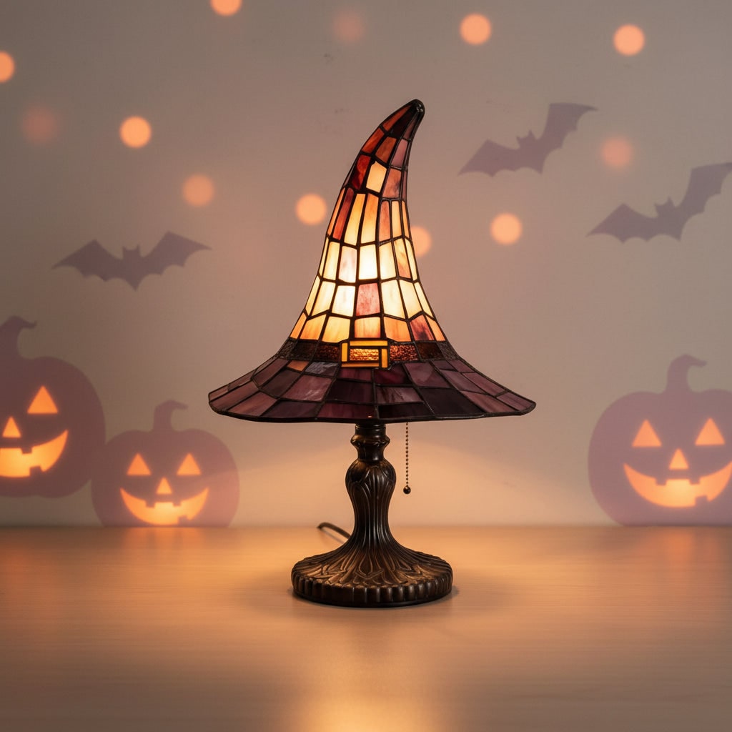 Halloween Stained Glass Witch Hat Table Lamp with Tiffany Style Bronze Pedestal and Leaded Panels - Image 3