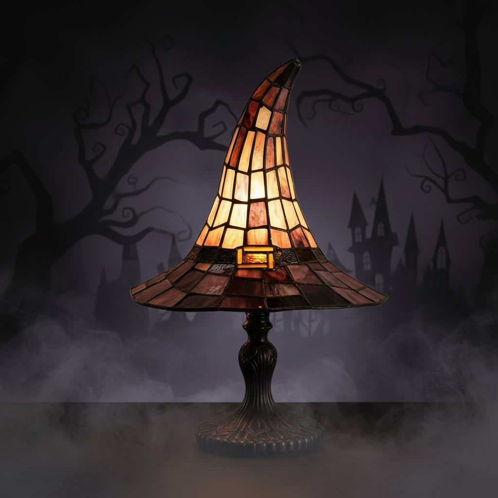 Halloween Stained Glass Witch Hat Table Lamp with Tiffany Style Bronze Pedestal and Leaded Panels - Image 4