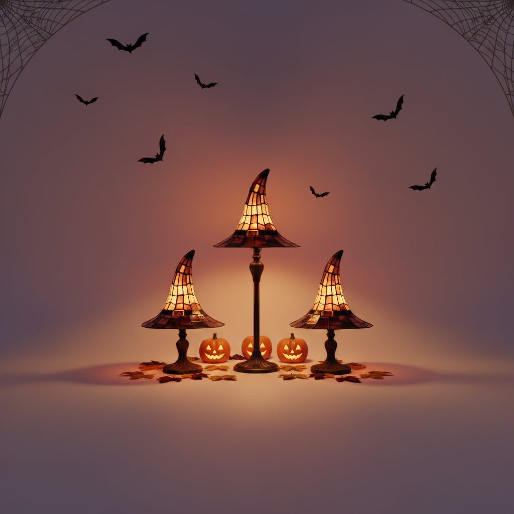 Halloween Stained Glass Witch Hat Table Lamp with Tiffany Style Bronze Pedestal and Leaded Panels - Image 5