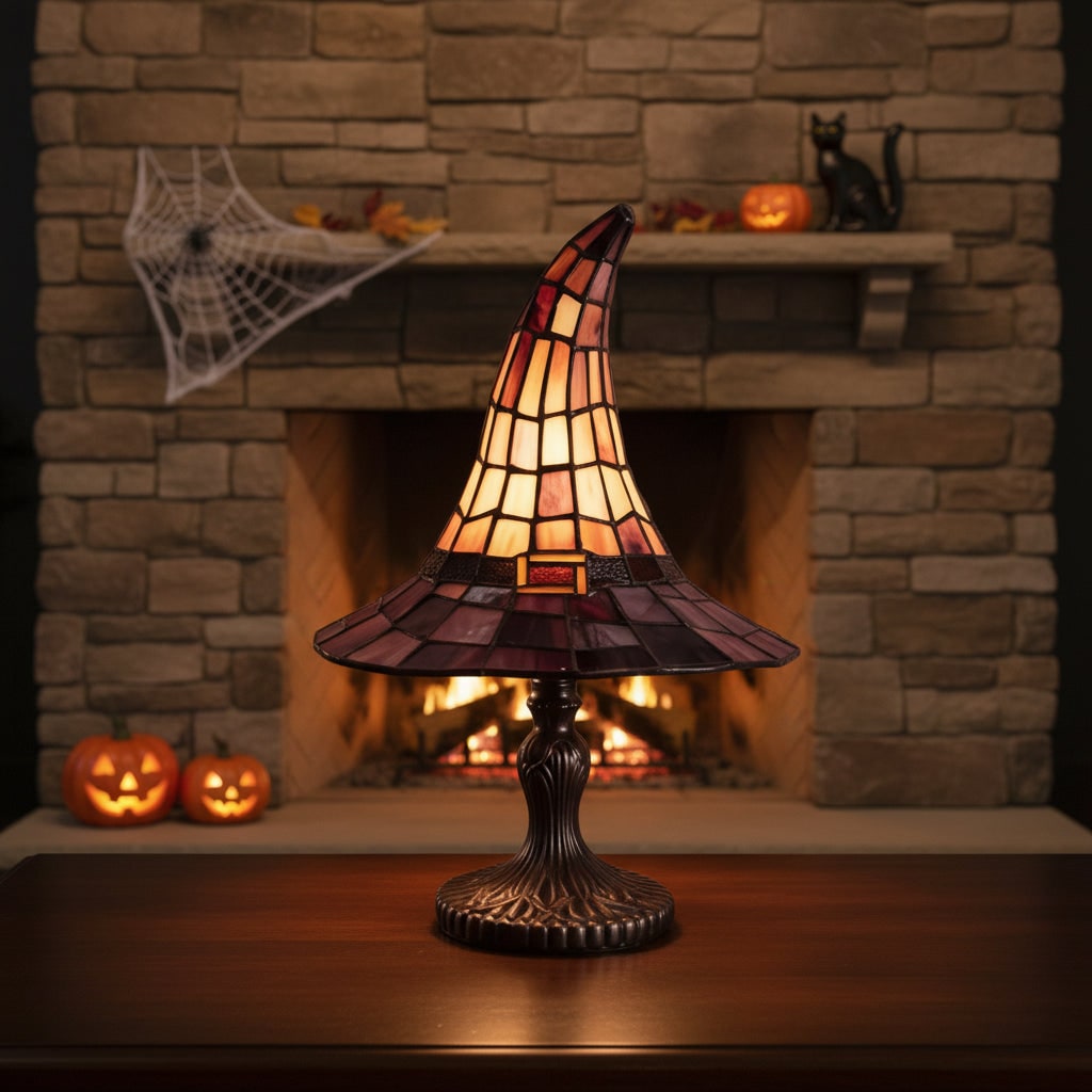 Halloween Stained Glass Witch Hat Table Lamp with Tiffany Style Bronze Pedestal and Leaded Panels - Image 6