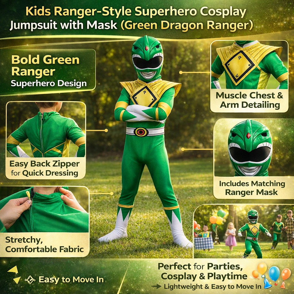Halloween Superhero Park Ranger Costume Jumpsuit with Mask and Gloves for Dress Up Party - Image 9