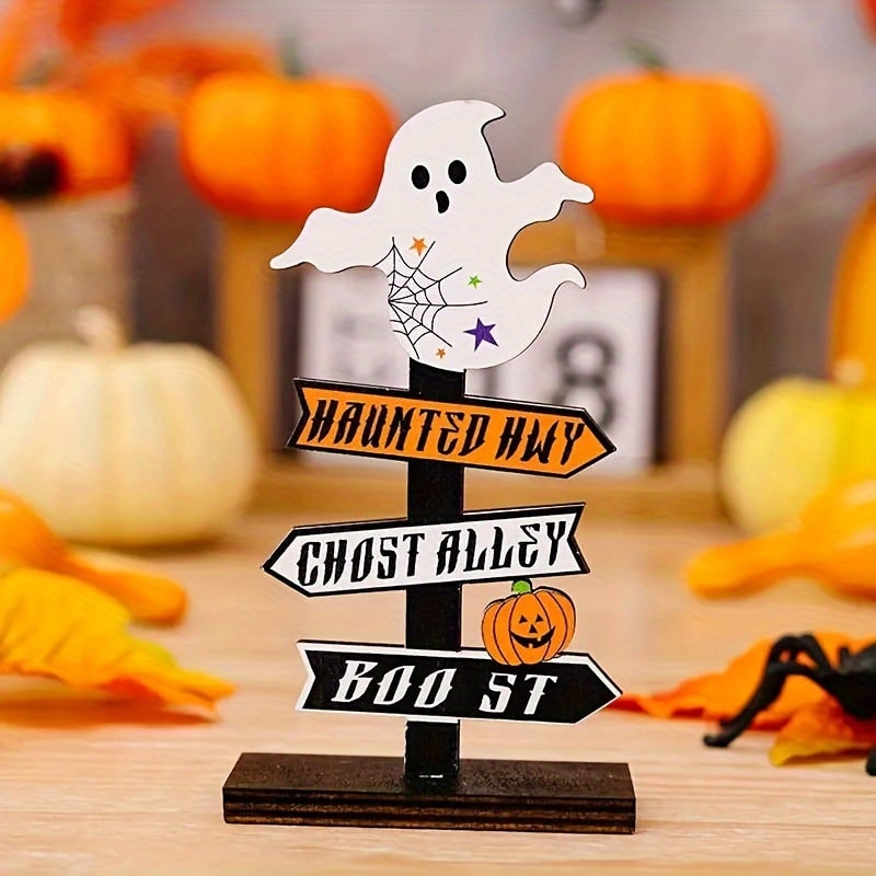 Halloween Table Decor Dining Room Directional Sign with and Toppers Wood Display Console - Image 1