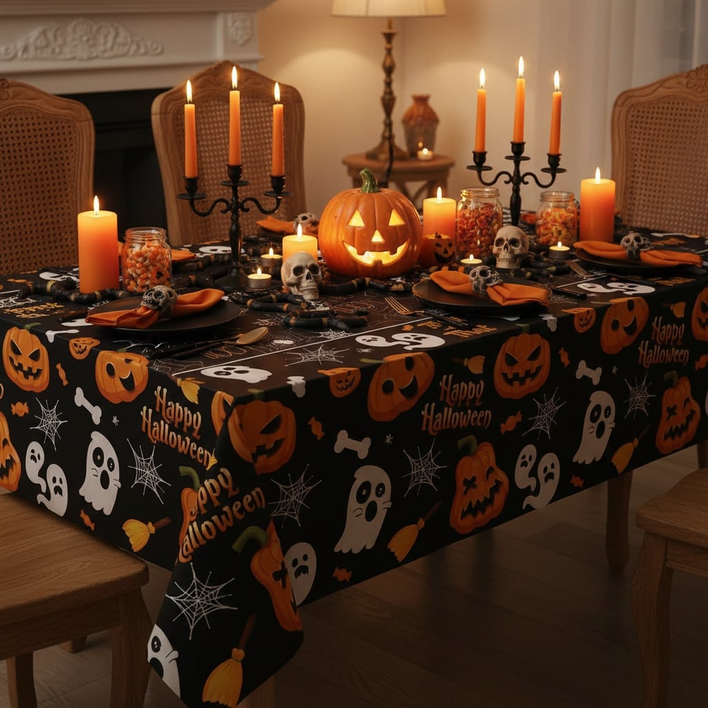 Halloween Tablecloth and Table Cover with Spiderweb Ghost Pumpkin Print Waterproof Disposable - Image 1