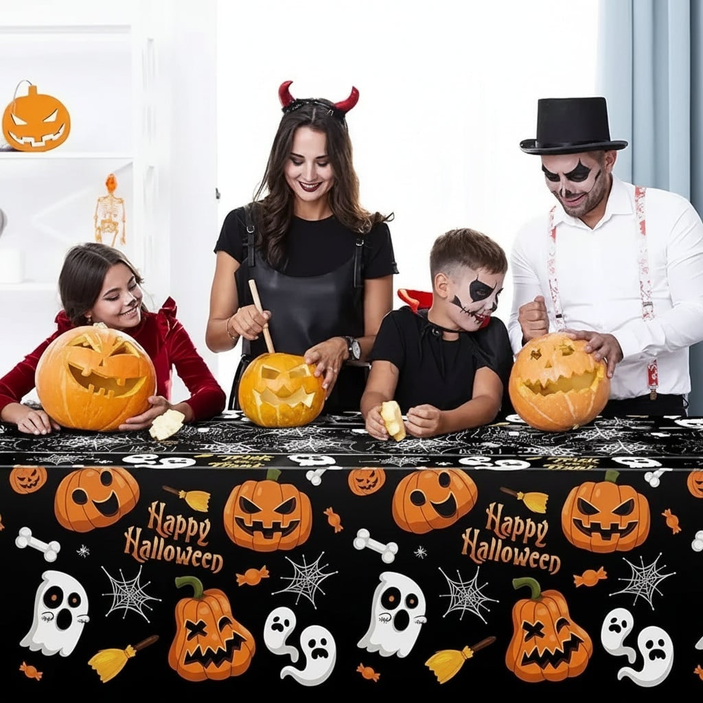 Halloween Tablecloth and Table Cover with Spiderweb Ghost Pumpkin Print Waterproof Disposable - Image 2