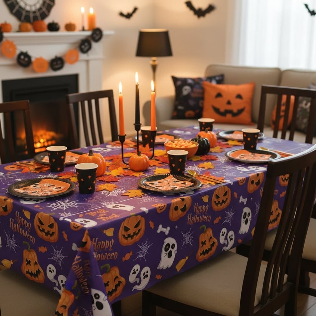 Halloween Tablecloth and Table Cover with Spiderweb Ghost Pumpkin Print Waterproof Disposable - Image 3