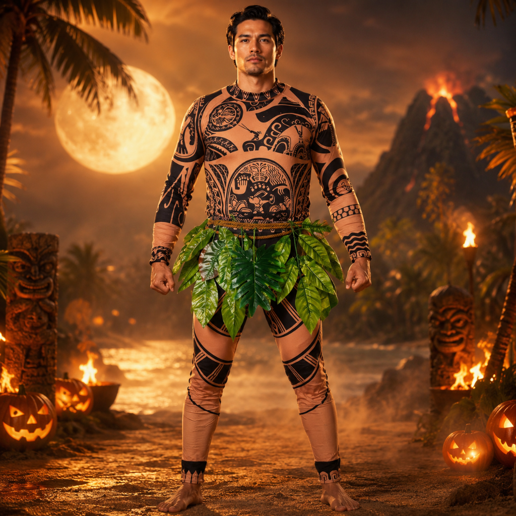 Halloween Tribal Warrior with Tattoo Bodysuit and Leaf Skirt Costume - Image 1