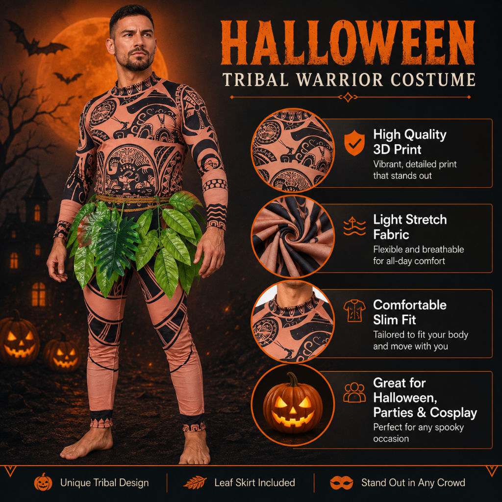 Halloween Tribal Warrior with Tattoo Bodysuit and Leaf Skirt Costume - Image 3