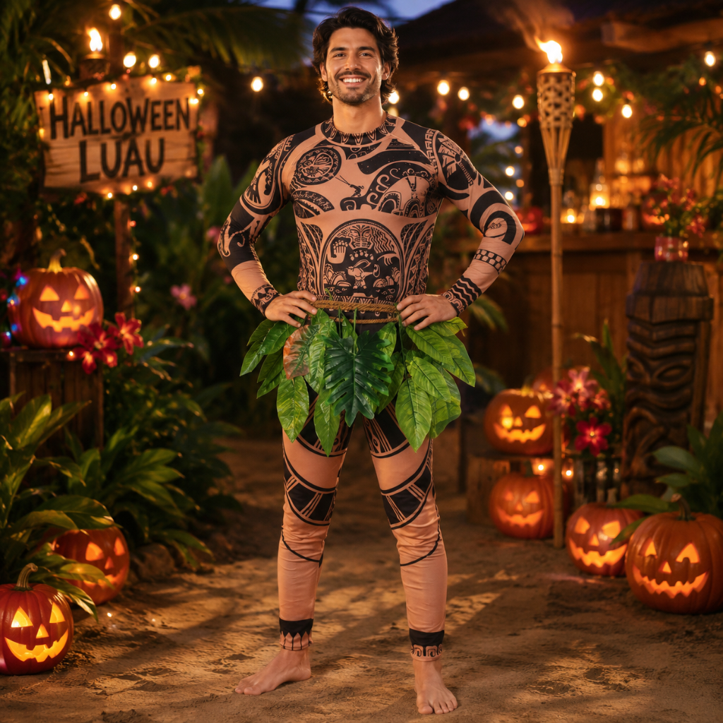 Halloween Tribal Warrior with Tattoo Bodysuit and Leaf Skirt Costume - Image 4