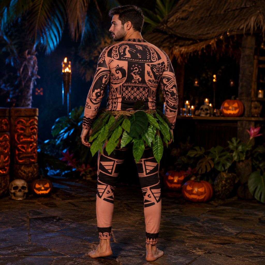 Halloween Tribal Warrior with Tattoo Bodysuit and Leaf Skirt Costume - Image 5