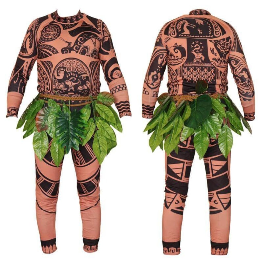 Halloween Tribal Warrior with Tattoo Bodysuit and Leaf Skirt Costume - Image 6