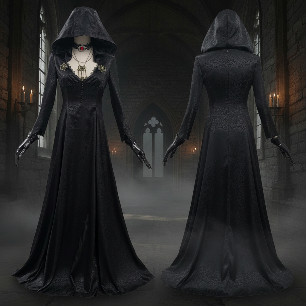 Halloween Vampire Costume Gothic Gown with Choker and Lace Details - Image 1