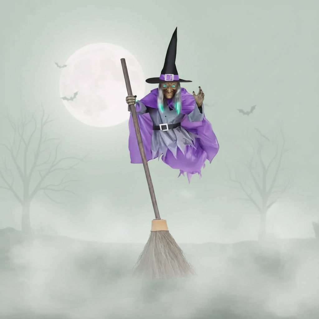 Halloween Witch Decoration with Hat Glowing LED Eyes and Broomstick Life-Size Outdoor Prop - Image 1