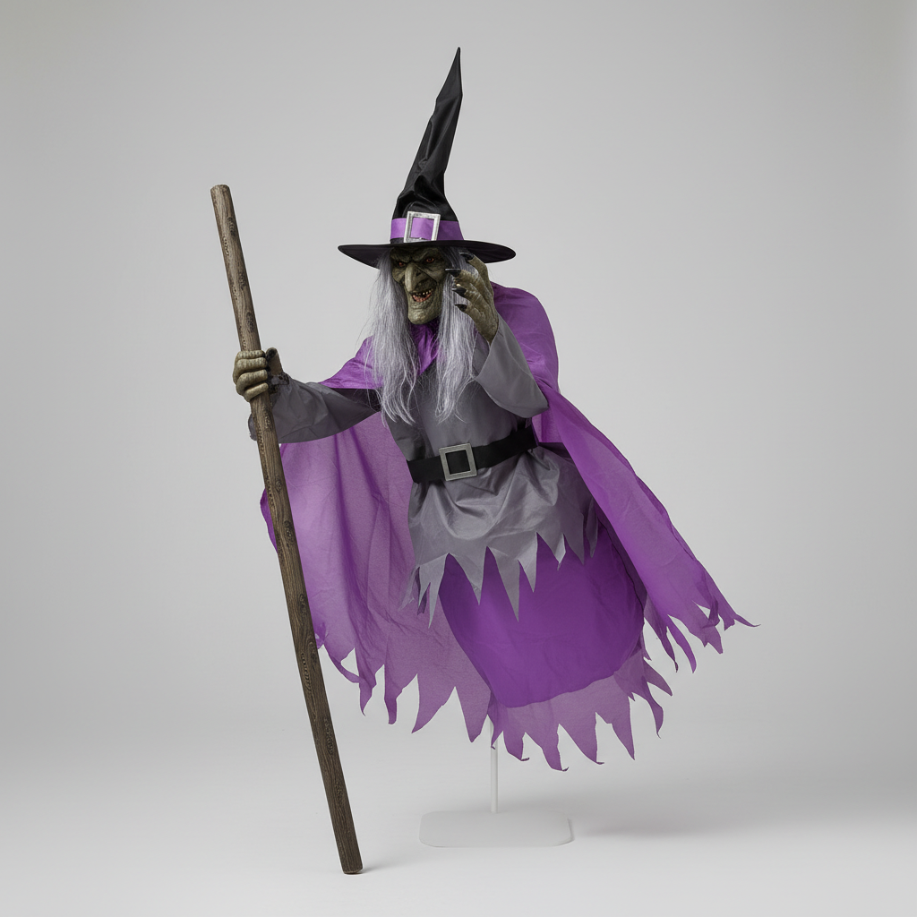 Halloween Witch Decoration with Hat Glowing LED Eyes and Broomstick Life-Size Outdoor Prop - Image 2