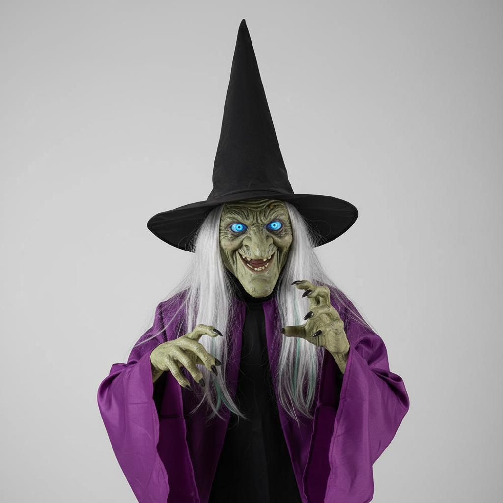 Halloween Witch Decoration with Hat Glowing LED Eyes and Broomstick Life-Size Outdoor Prop - Image 3