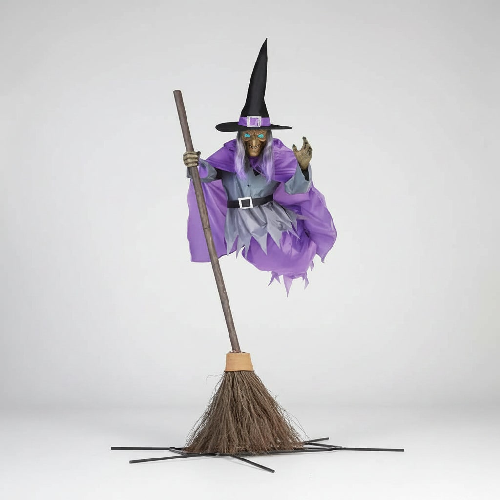 Halloween Witch Decoration with Hat Glowing LED Eyes and Broomstick Life-Size Outdoor Prop - Image 5