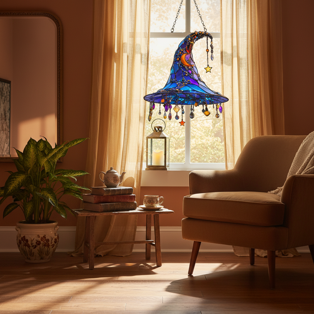 Halloween Witch Hat Decor Suncatcher with Stained Glass and Hanging Crystals Outdoor - Image 3
