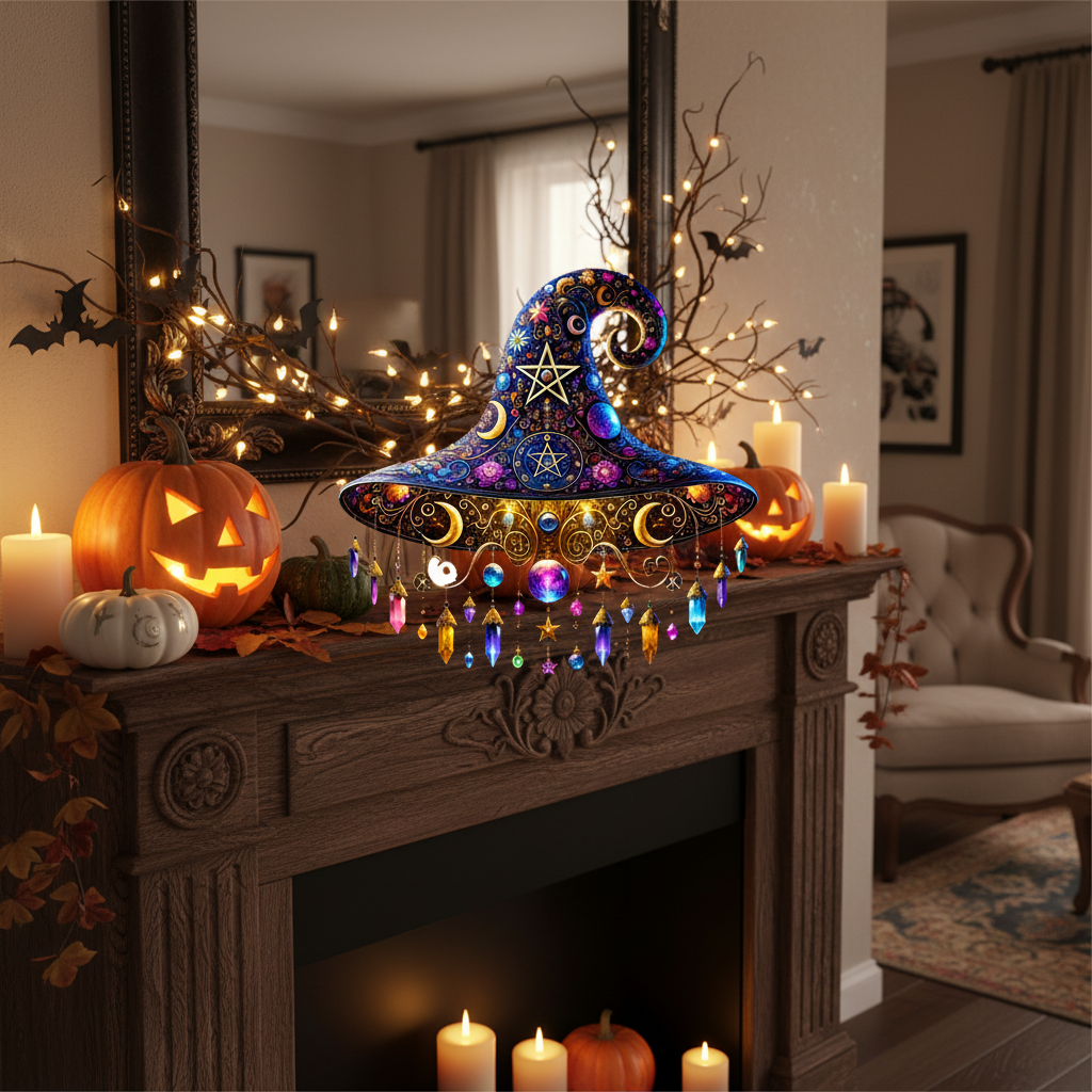 Halloween Witch Hat Decor Suncatcher with Stained Glass and Hanging Crystals Outdoor - Image 4