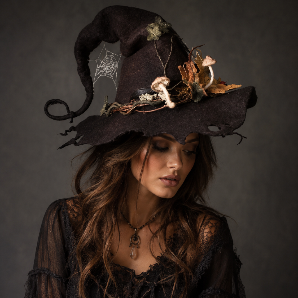 Halloween Witch Hat with Witchcraft Decorations and Curled Tip for Costume Party Witches Pointy - Image 1