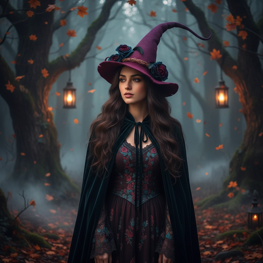 Halloween Witch Hat with Witchcraft Decorations and Curled Tip for Costume Party Witches Pointy - Image 4