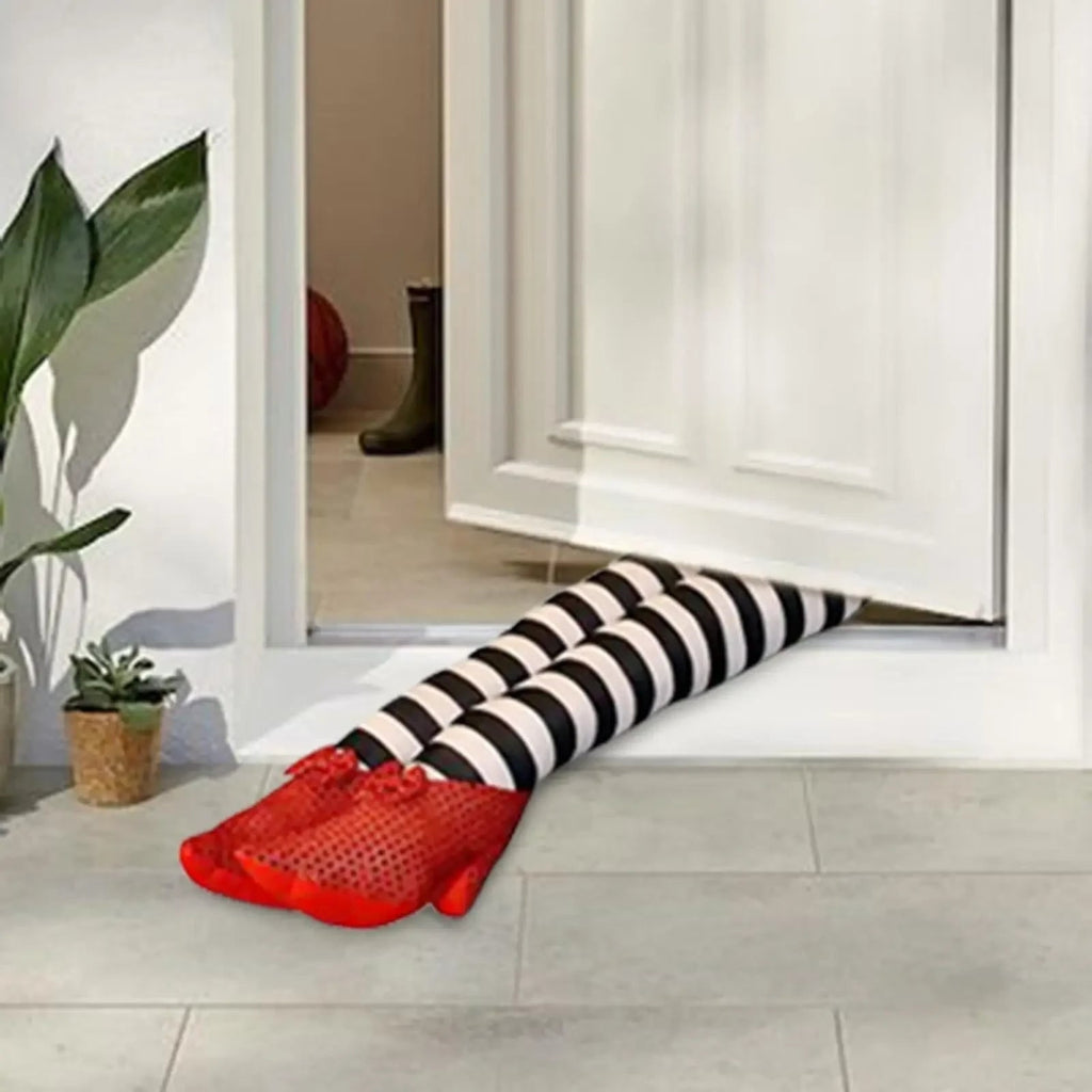 Halloween Witch Legs Decoration Door Prop with Striped Plush and Red Glitter Shoes for Party Decor - Image 2