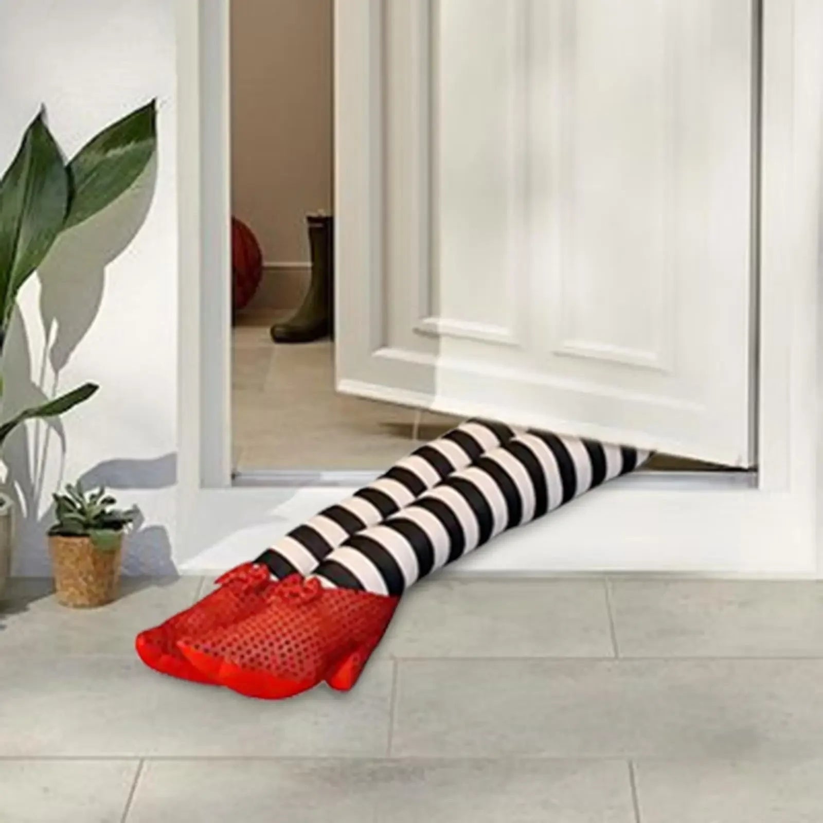 Halloween Witch Legs Decoration Door Prop with Striped Plush and Red Glitter Shoes for Party Decor - Image 2