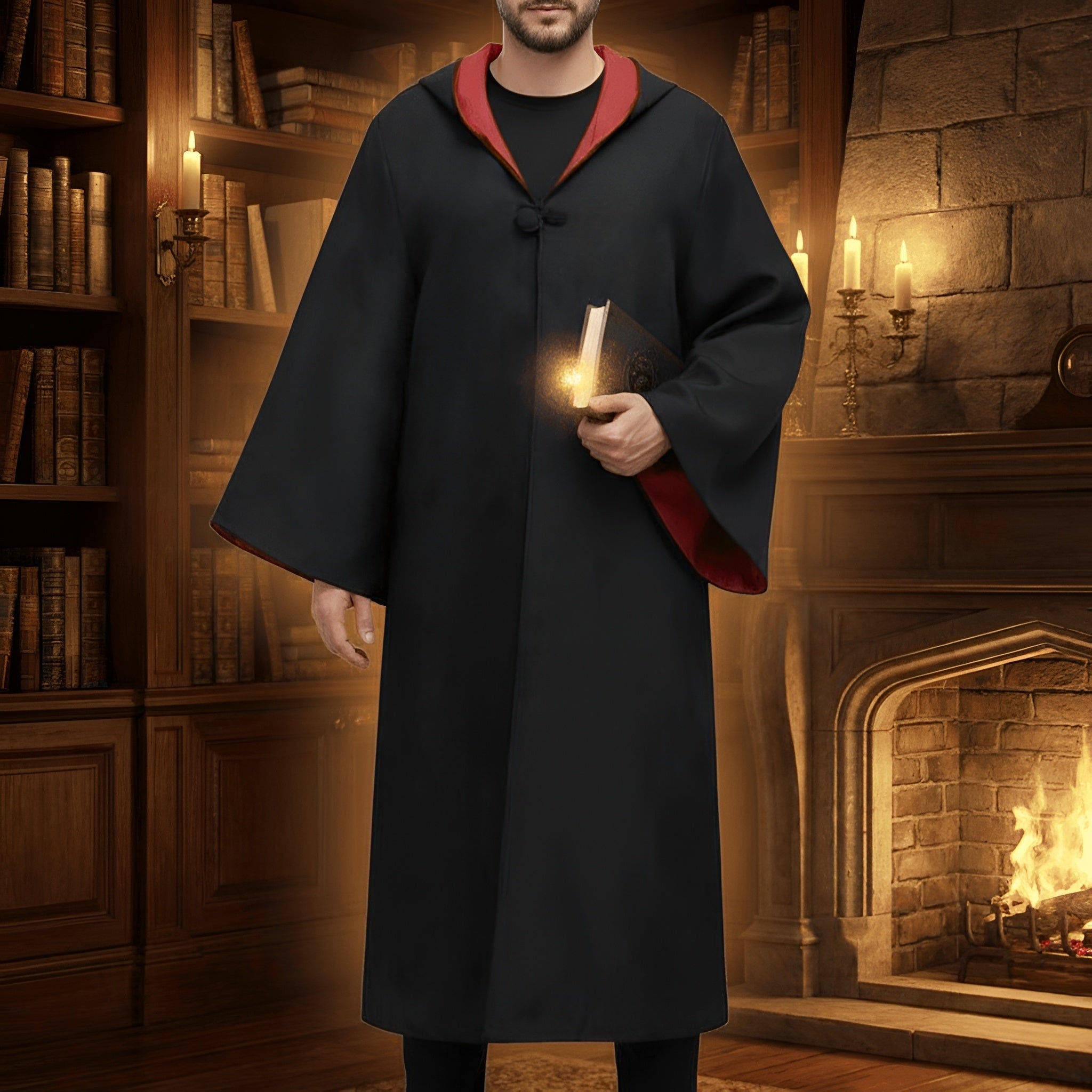 Halloween Wizard Costume Robe Outfit with Hooded Cloak Wide Sleeves and Colored Lining - Image 1