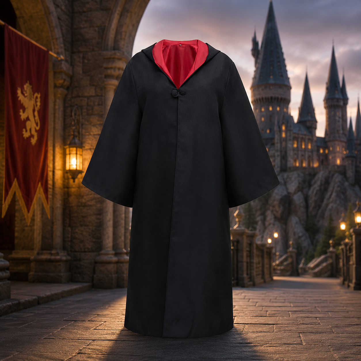 Halloween Wizard Robe Costume with Hood Flared Sleeves and Striped Scarf Cosplay Set - Image 1