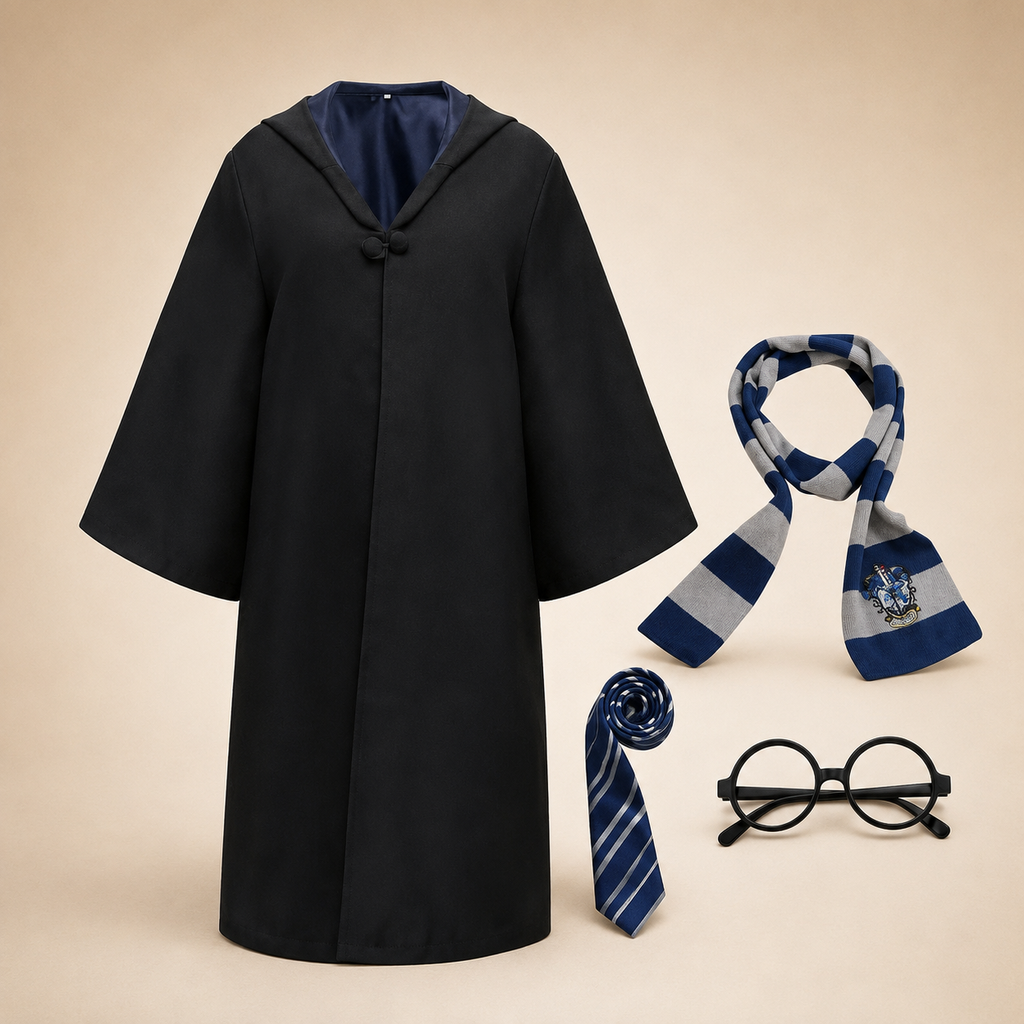 Halloween Wizard Robe Costume with Hood Flared Sleeves and Striped Scarf Cosplay Set - Image 3