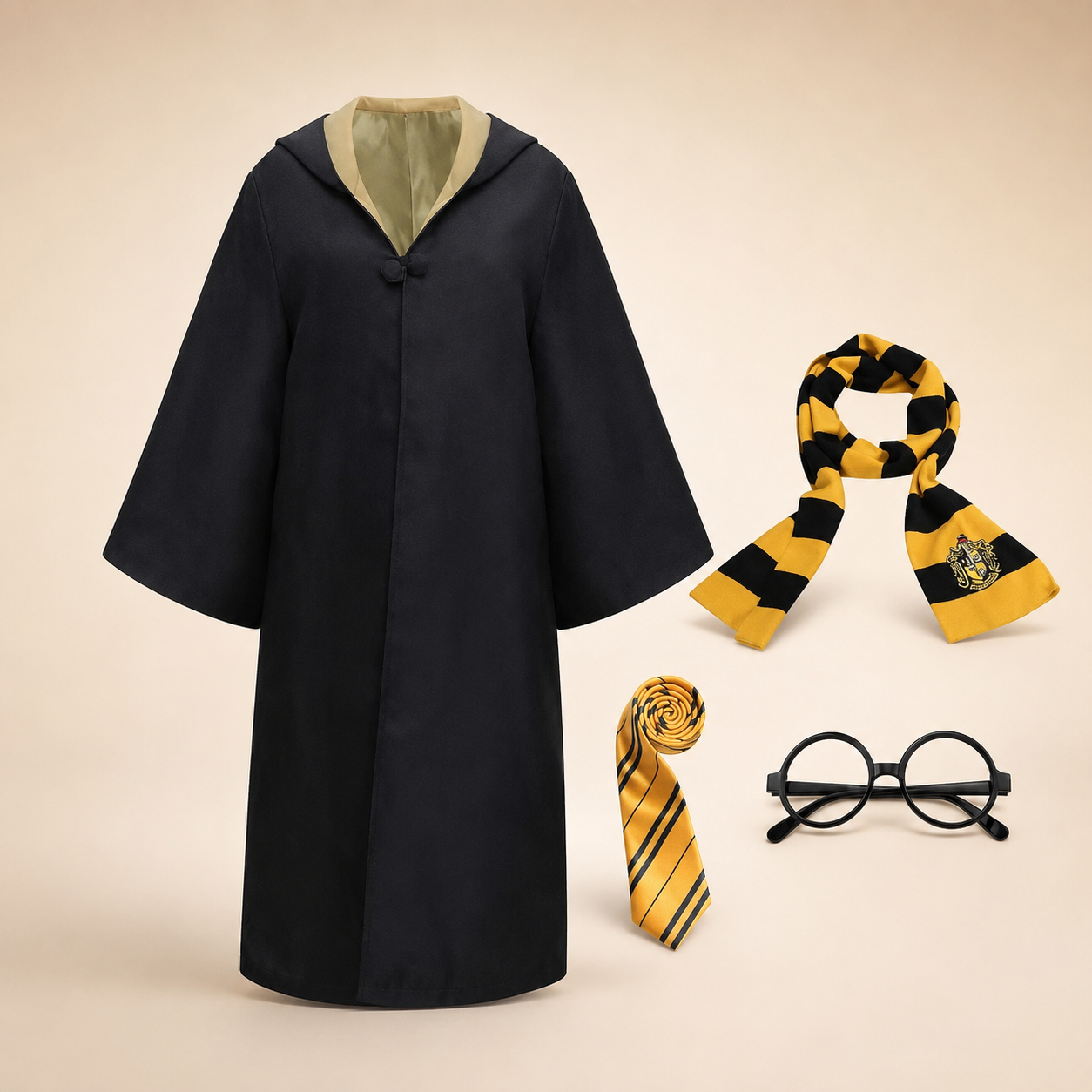 Halloween Wizard Robe Costume with Hood Flared Sleeves and Striped Scarf Cosplay Set - Image 4