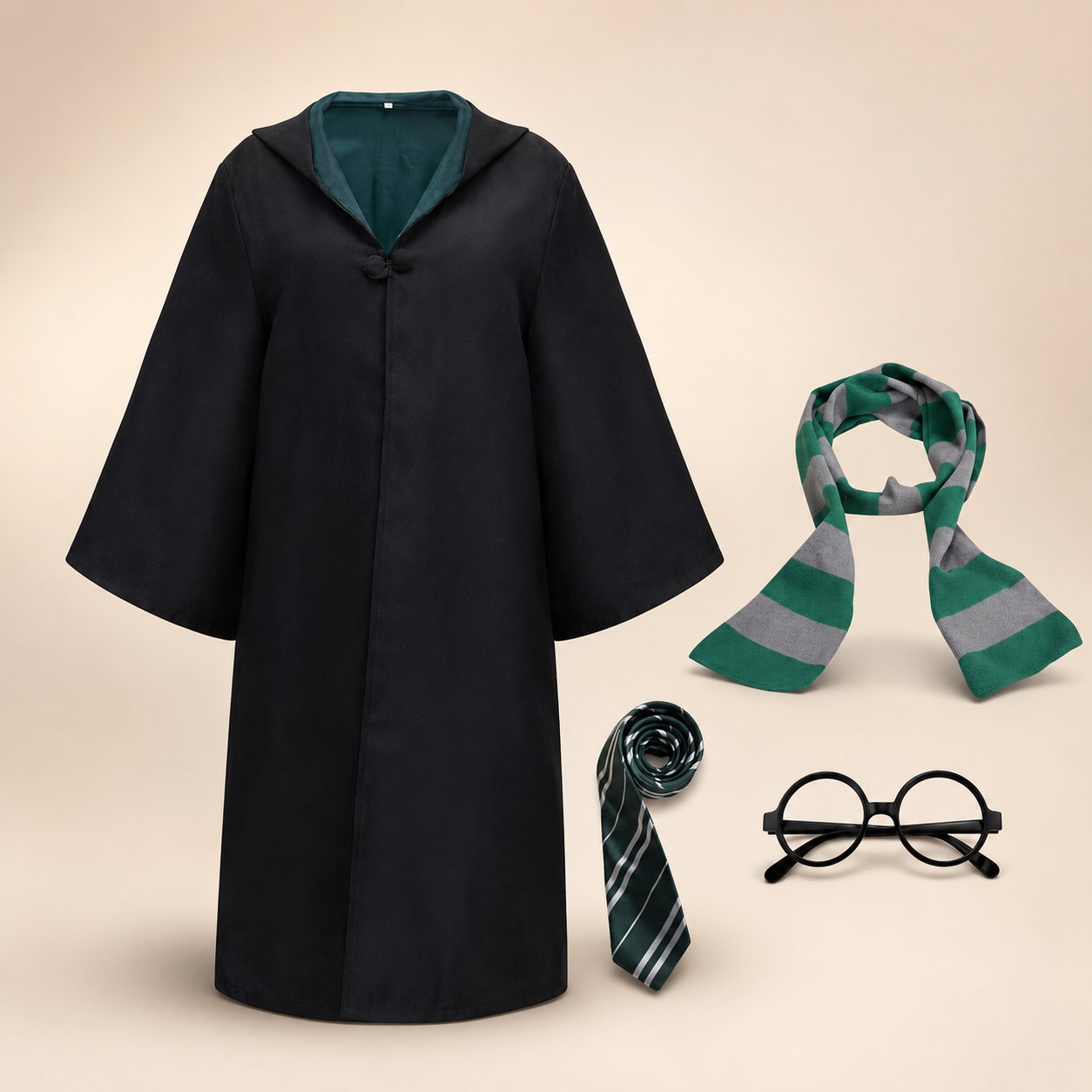 Halloween Wizard Robe Costume with Hood Flared Sleeves and Striped Scarf Cosplay Set - Image 5