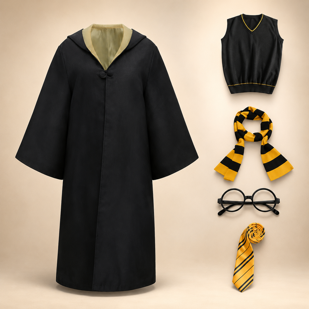 Halloween Wizard Robe Costume with Hood Flared Sleeves and Striped Scarf Cosplay Set - Image 7