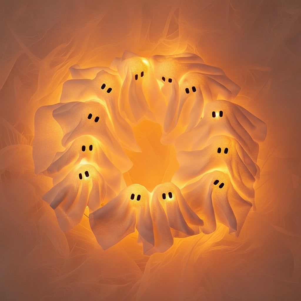 Halloween Wreath Door Decoration with LED Ghost Lights and Gauze Draping - Image 1