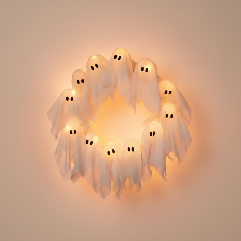 Halloween Wreath Door Decoration with LED Ghost Lights and Gauze Draping - Image 2