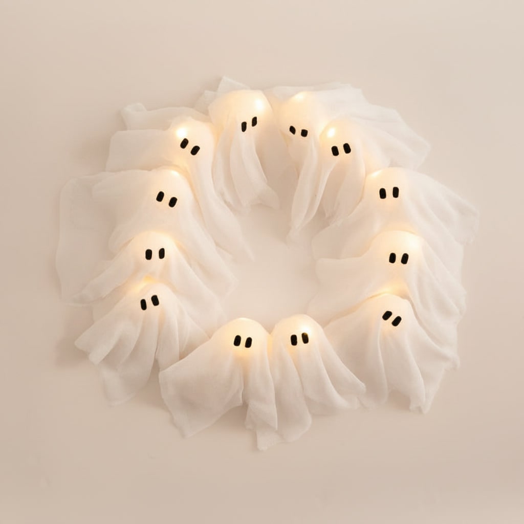 Halloween Wreath Door Decoration with LED Ghost Lights and Gauze Draping - Image 3