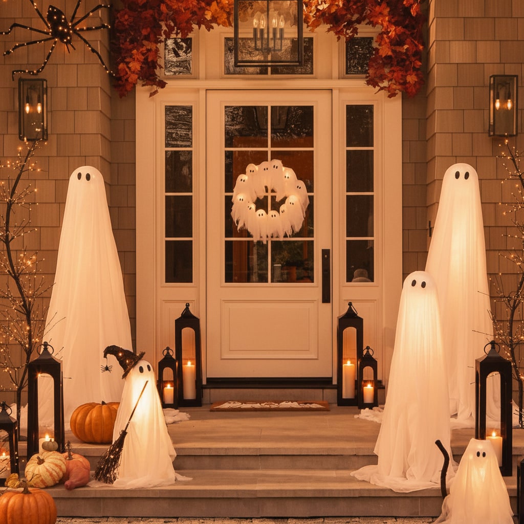 Halloween Wreath Door Decoration with LED Ghost Lights and Gauze Draping - Image 5