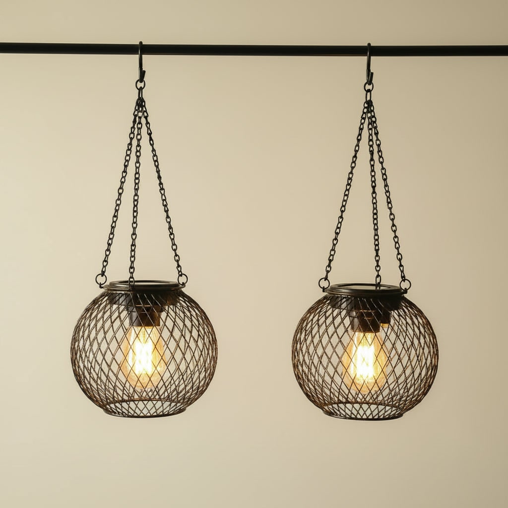 Hanging Solar Lights Outdoor with Wire Mesh Globe and Warm LED Edison Lantern Street - Image 2