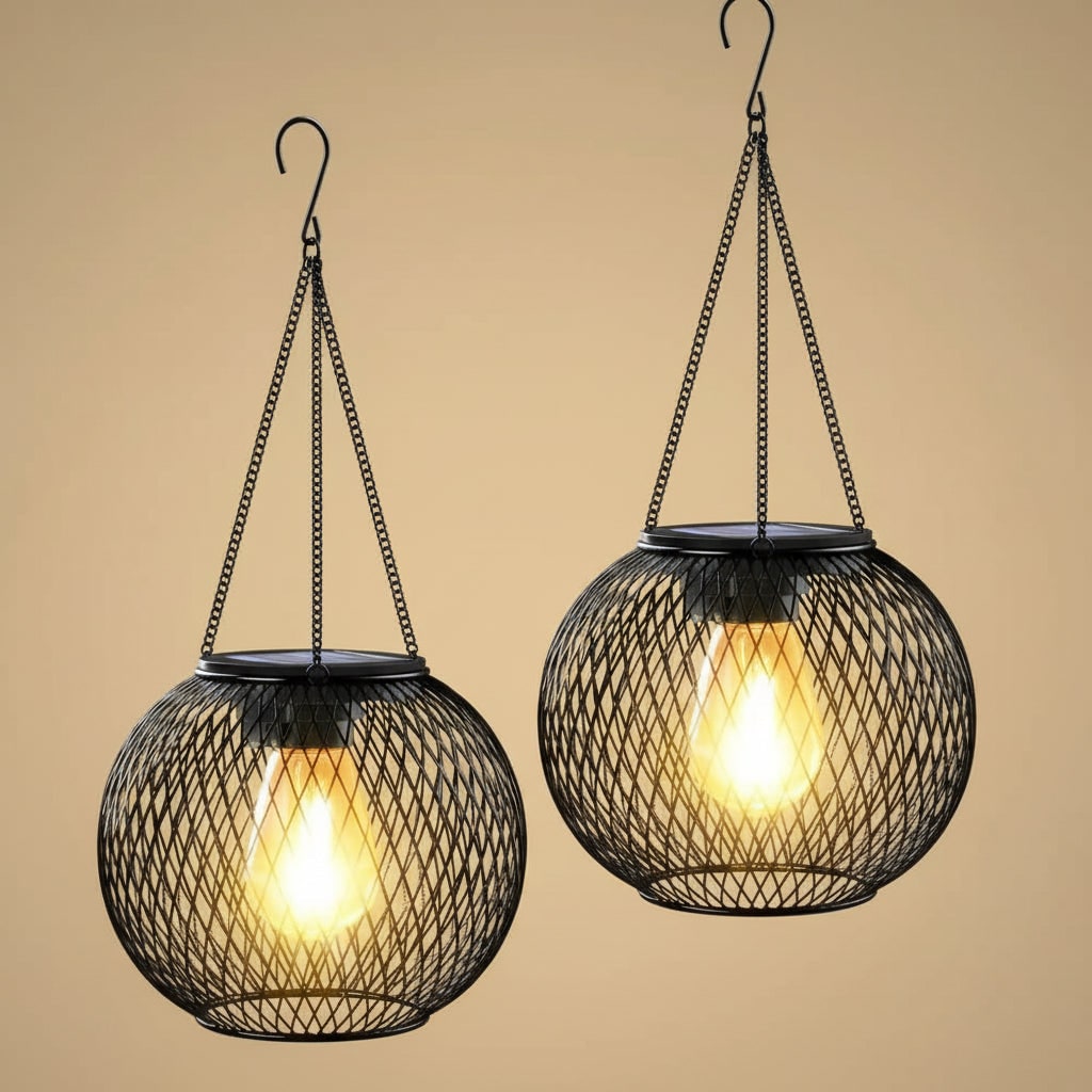 Hanging Solar Lights Outdoor with Wire Mesh Globe and Warm LED Edison Lantern Street - Image 4