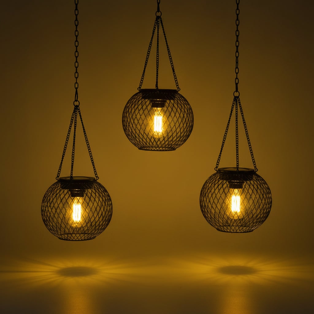 Hanging Solar Lights Outdoor with Wire Mesh Globe and Warm LED Edison Lantern Street - Image 5