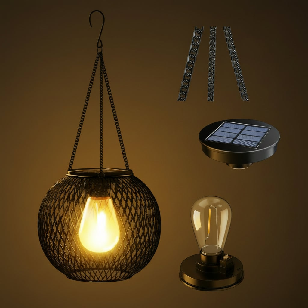 Hanging Solar Lights Outdoor with Wire Mesh Globe and Warm LED Edison Lantern Street - Image 6
