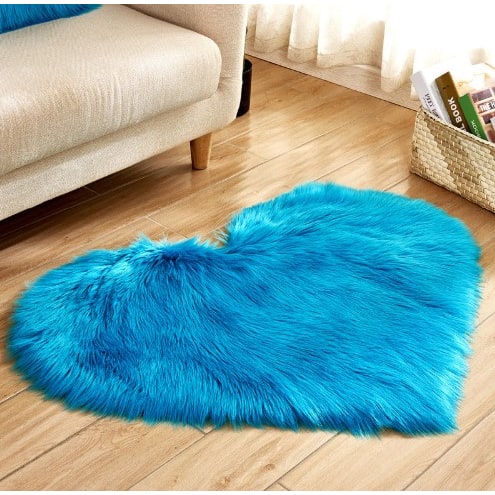 Heart Shaped Area Rug with Non Slip Pad Plush Faux Fur Fluffy Accent Blue And Green - Image 1