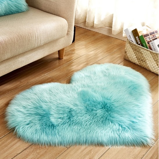 Heart Shaped Area Rug with Non Slip Pad Plush Faux Fur Fluffy Accent Blue And Green - Image 13