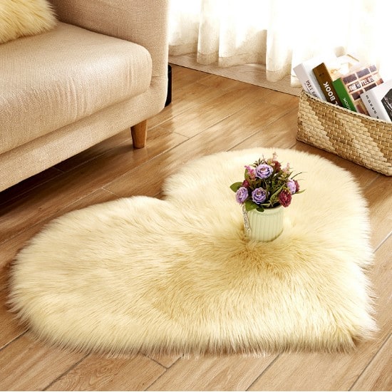 Heart Shaped Area Rug with Non Slip Pad Plush Faux Fur Fluffy Accent Blue And Green - Image 2