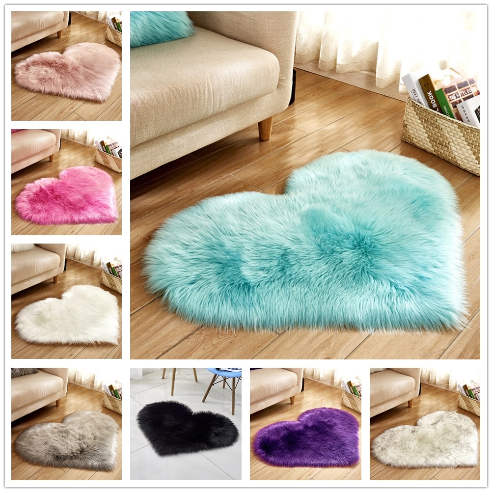 Heart Shaped Area Rug with Non Slip Pad Plush Faux Fur Fluffy Accent Blue And Green - Image 7