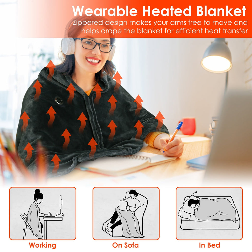 Heated Blanket Shawl with Electric Throw USB Powered Wearable Poncho with Zipper and Internal Pocket - Image 10