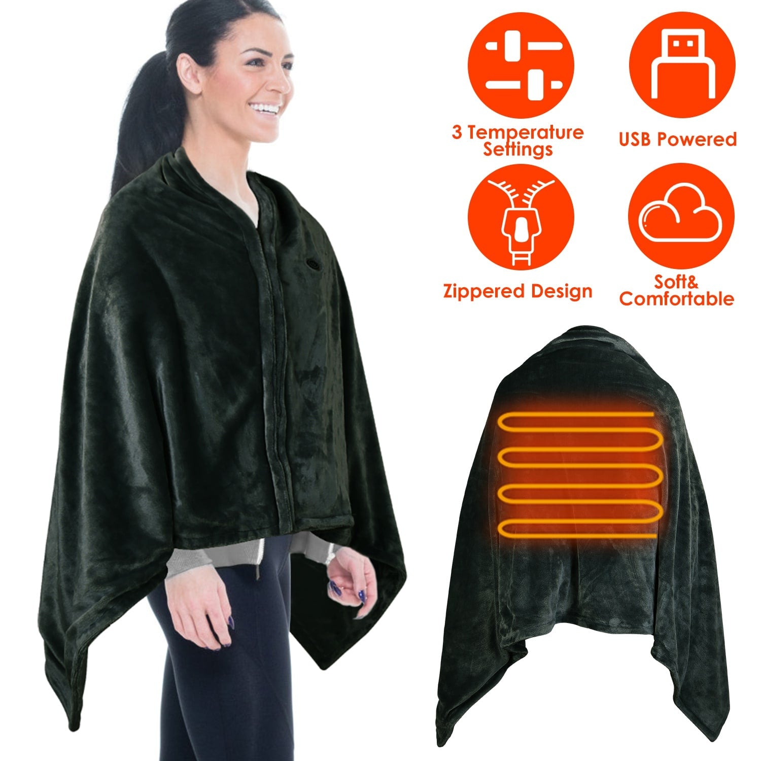 Heated Blanket Shawl with Electric Throw USB Powered Wearable Poncho with Zipper and Internal Pocket - Image 11
